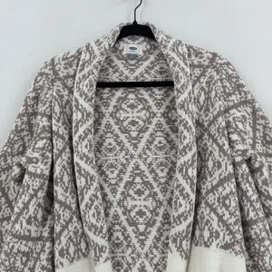 Old Navy Long Cardigan Women L Taupe Cream Geometric Waterfall Open Front Boho thumbnail 3