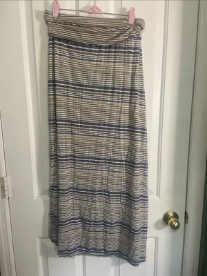 Max Edition Beige and Blue Striped Fold-Over Waist Maxi Skirt thumbnail 4
