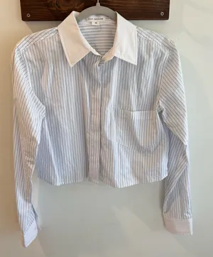 Good American Cotton Poplin Cropped Shirt‎ in Blue Stripe XS thumbnail 1