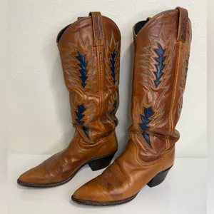 Vintage Dan Post Leather Cowboy Boots – Brown w/ Blue Stitching – Women’s 6.5-7 thumbnail 3