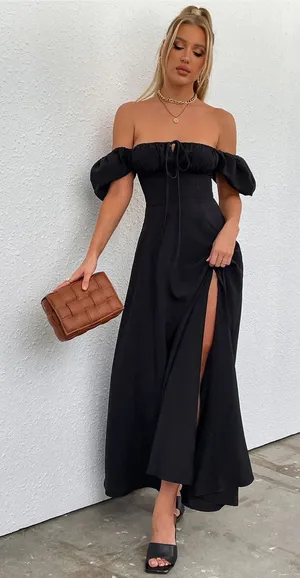 $69 NWOT Marthea Puff Sleeve Tie Front Off Shoulder Slit Thigh Dress - Black M thumbnail 1