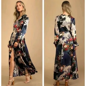 Lulus Wrap Dress Womens Small Put on a Smile Blue Floral Print Satin Maxi thumbnail 10
