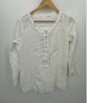 Soft Surroundings Top Women White Cotton 3/4 Sleeve Boho Coastal‎ Minimal S/M thumbnail 1