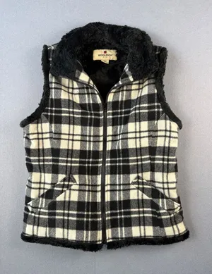 Woolrich Womens Small Black White Plaid Faux Fur Lined Full Zip Fleece Vest thumbnail 1