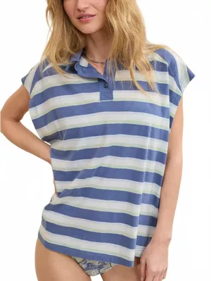 AE Aerie Happiest Oversized Polo T-Shirt American Eagle NWT Marbled Blue XS thumbnail 1
