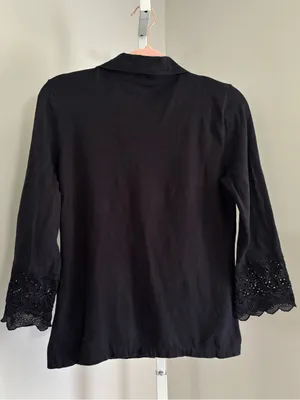 Ann Taylor Silk Blend Mixed Media Black Embroidered & Knit Button-Front Top Sz M thumbnail 3