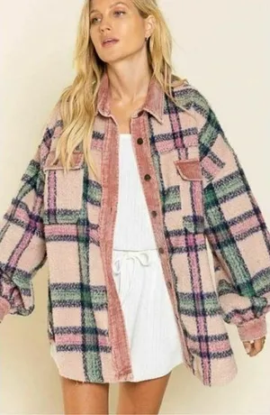 POL Pink Plaid Shacket Corduroy Elbow Patch Oversized‎ Fit Sz Small STYLE SMJ199 thumbnail 1