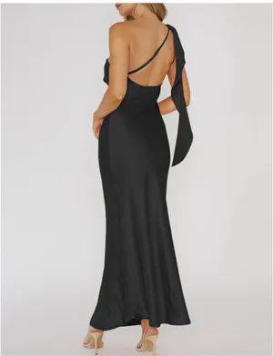 Black satin one shoulder dress thumbnail 2