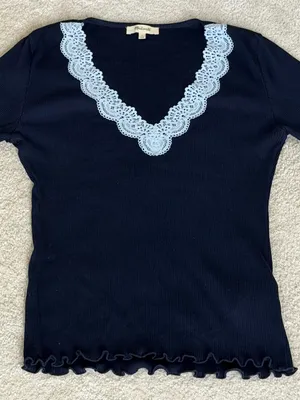 Madewell Lace Trim V-neck Top Ribbed Short Sleeve Tee Midnight Navy Size M NEW thumbnail 1