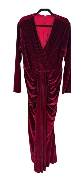 Burgundy Red Velvet Plunging Neckline Maxi Dress Gown Womens XL Holiday Party thumbnail 1