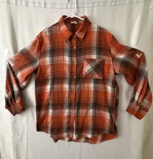La Miel Orange Plaid Flannel Button Up Shirt Women’s size Large(A617) thumbnail 1