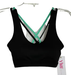 YMI Womens‎ Sports Bra Size Small Black With Green Straps Crossback thumbnail 1