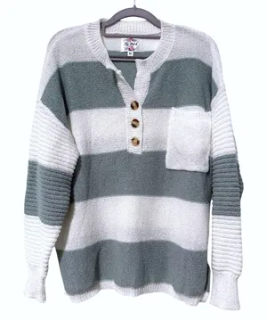 Top Notch‎ Henley Sweater Sage Green White Striped Casual Knit Womens Size M thumbnail 1