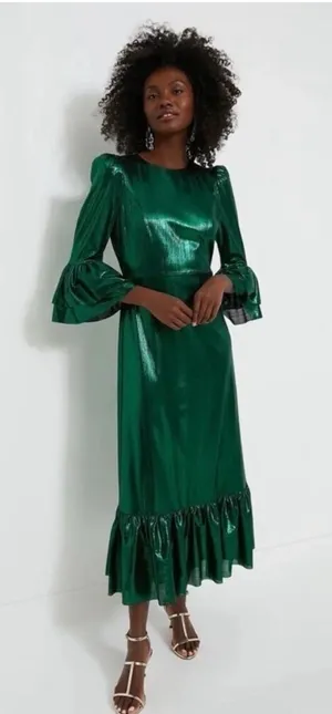 Pomander Place Green Metallic Pleated Ruffle Maxi Dress B1680 Small NWT thumbnail 1