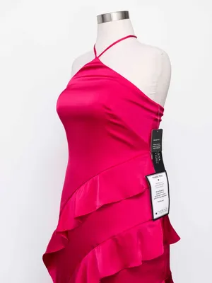 Adrianna Papell - Halter-Neck Ruffled Satin High-Low Gown thumbnail 9