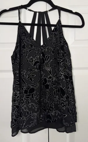 Lucky Brand Burnout Velvet Cami Womens Size M Black Floral Strappy Cage Back Top thumbnail 1