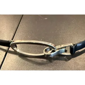 Womens S/M Skinny Belt Black Synthetic Leather‎ Silver Oval Buckle Preppy Chic thumbnail 4