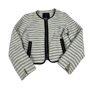 American Eagle Striped Cropped Moto Jacket Cream Navy Blue Faux Leather Trim L thumbnail 1