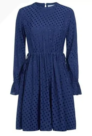 Sandro Polka Dot Poplin Dress Women Small Blue Bell‎ Sleeve Pleated Retro Luxury thumbnail 1