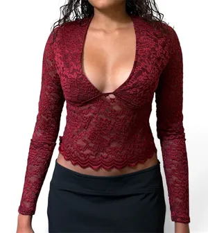 Princess Polly Burgundy Lace Plunge V neck Long Sleeve Top thumbnail 1