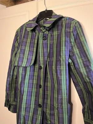 Vintage Jeffrey Banks Plaid Trench Coat Longline Belted Green Purple Size M thumbnail 8
