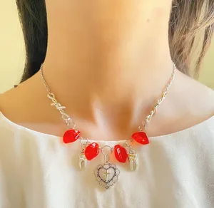 goth punk grunge style heart cross & teeth& red Czech glass leaf necklace💀🌹✝️🦷 thumbnail 2