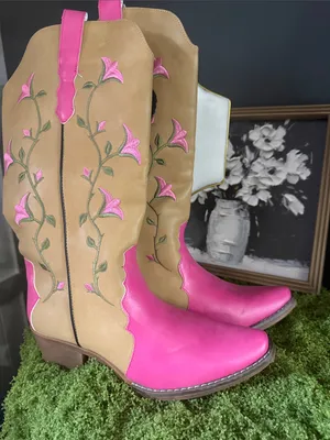 Stylish Pink & Tan Floral Western Boots - Women thumbnail 1