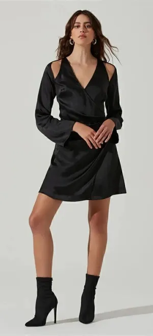 Black Cold Shoulder Long‎ Sleeve Mini Dress Wrap V Neck Cocktail thumbnail 1