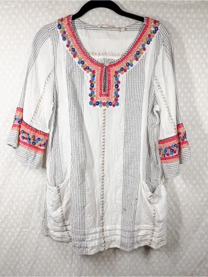 Soft Surroundings White Pink Floral Embroidered Tunic Top thumbnail 1