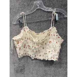 Free People Crop Top Womens S White‎ Floral Smocked Ruffle Boho Summer Tank thumbnail 4