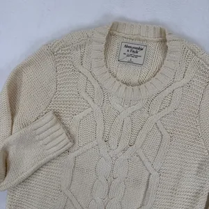 Abercrombie Fitch Cream Cable Fisherman Knit‎ Crew Neck Sweater Women Size L thumbnail 2