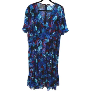 Calvin Klein Women's Floral Chiffon Faux Wrap Flutter Sleeve Dress Blue Size 18W thumbnail 3