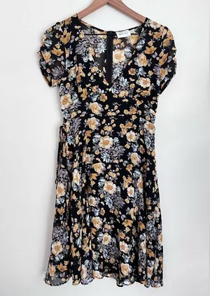 Hello Molly Black Floral Surplice Midi Dress babydoll lightweight 4 thumbnail 3