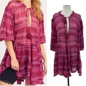Free People Gianna Striped Tunic Dress Tasseled Pink‎ Size Small thumbnail 2