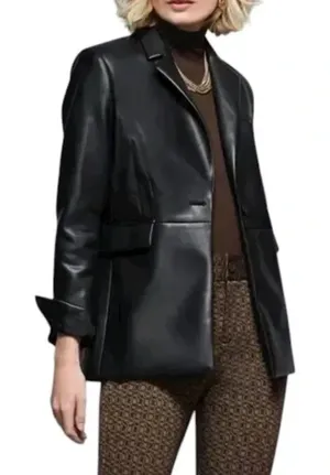 CAbi James Jacket Womens Medium Black Soft‎ Faux Leather Blazer Tailored #4495 thumbnail 1