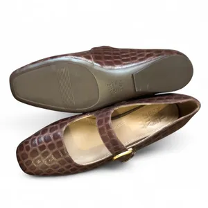 Y2K 90s Preppy Streetwear Brown Grunge Faux Croc Leather Mary Jane Ballet Ballerina Flats Gold Buckles Shoes Round Square Toe Office Siren Quiet Luxury Old Money #Dainty #Cottagecore #Whimsygoth #Dark Academia #Lolita Great condition thumbnail 6
