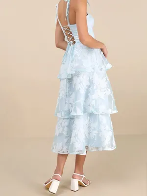 NWT Lulus Drayson Light Blue Floral Burnout Tie-Strap Tiered Midi Dress Sz Small thumbnail 2