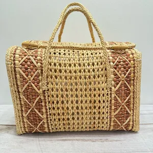 Medium Straw Bag with Wood Button Closure and Two Straps thumbnail 1