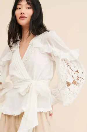 FARM RIO Wrap Tie Waist Ruffled Top White Medium thumbnail 1