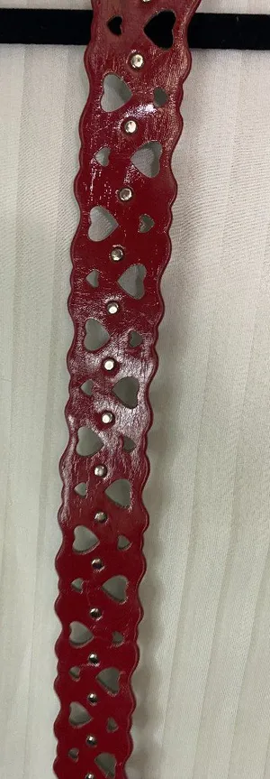 Vintage Red Heart Cutout Leather Belt Scalloped Edge Silver Tone Buckle 36" thumbnail 1