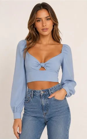 Superdown Twist Front Long Sleeve Light Blue Top XS thumbnail 1