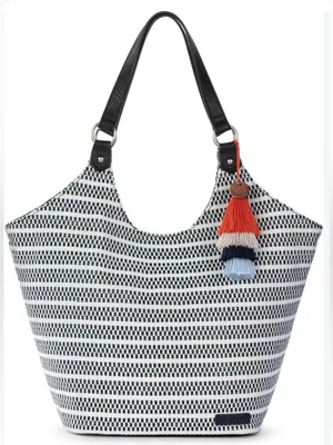 Sakroots Roma Shopper Bag Black White Woven Straw Tassel Tote NWOT thumbnail 1