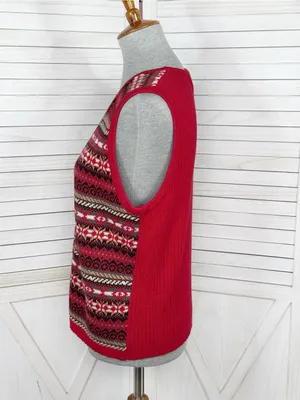 Vintage Requirements Fair Isle V Neck Zip‎ Up Sweater Vest Red Multi Medium thumbnail 2