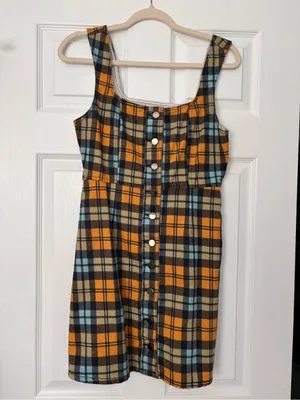 Urban Outfitters Women's Dress Sleeveless Button Down Denim Brown Plaid Size 6 thumbnail 2