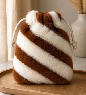 SHEIN Faux Fur Drawstring Pouch Bag Brown White Striped Plush Mini Bucket Bag thumbnail 1