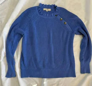 LOFT Blue Crew Neck Knit Sweater with Button Accents Ruffles Medium thumbnail 1
