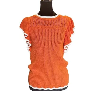 Orange Pointelle Knit Ruffle Sleeve Top White Trim Scalloped Hem Cottagecore‎ thumbnail 4