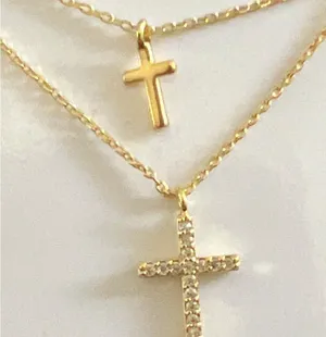 Sparkle cubic, zirconia, and 14 karat gold plated cross Necklace thumbnail 2
