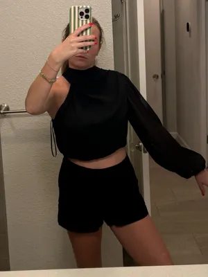Hello Molly Black One-Shoulder Crop Top with Sheer Long Sleeve thumbnail 1