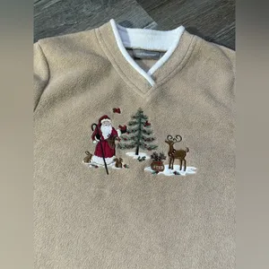 Croft & Barrow VTG Christmas Sweater Santa Sleigh Reindeer Bunny Fuzzy Sherpa Brown Tan Comfy S thumbnail 3